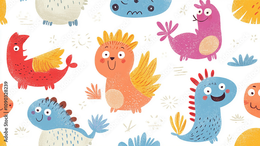 Fototapeta premium A seamless pattern of whimsical cartoon dragons in various colors and styles with a white background.