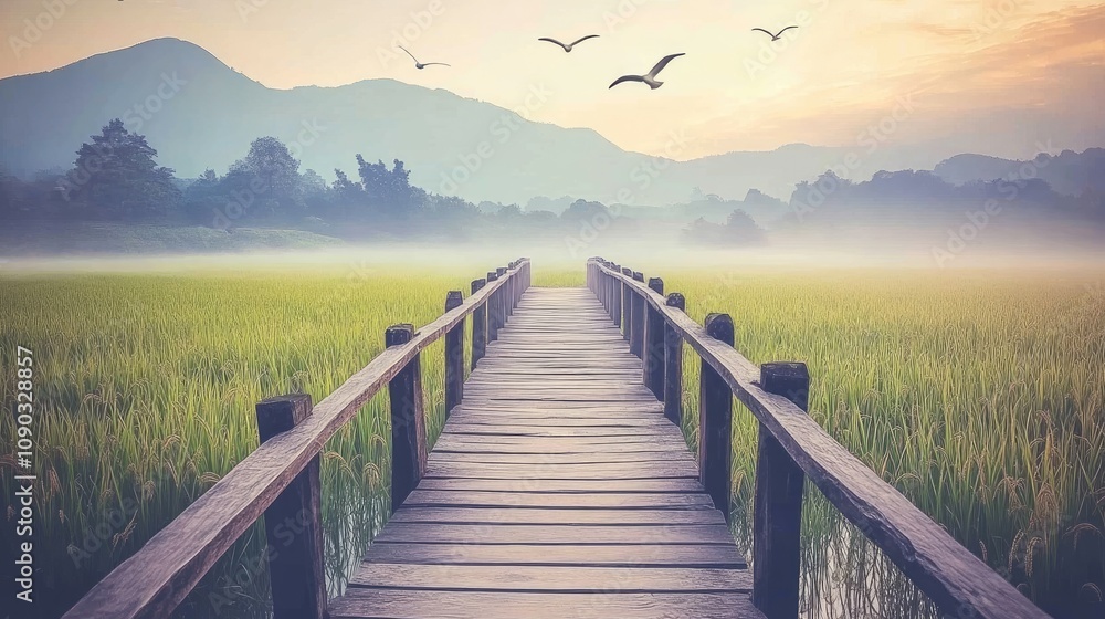 Obraz premium Serene Wooden Pathway Through Lush Rice Field Under Soft Morning Light with Mountains and Birds in the Background