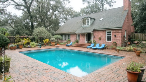 Wallpaper Mural Serene Backyard Oasis with Swimming Pool Surrounded by Lush Landscaping and Charming Brick Patio in a Peaceful Residential Area Torontodigital.ca