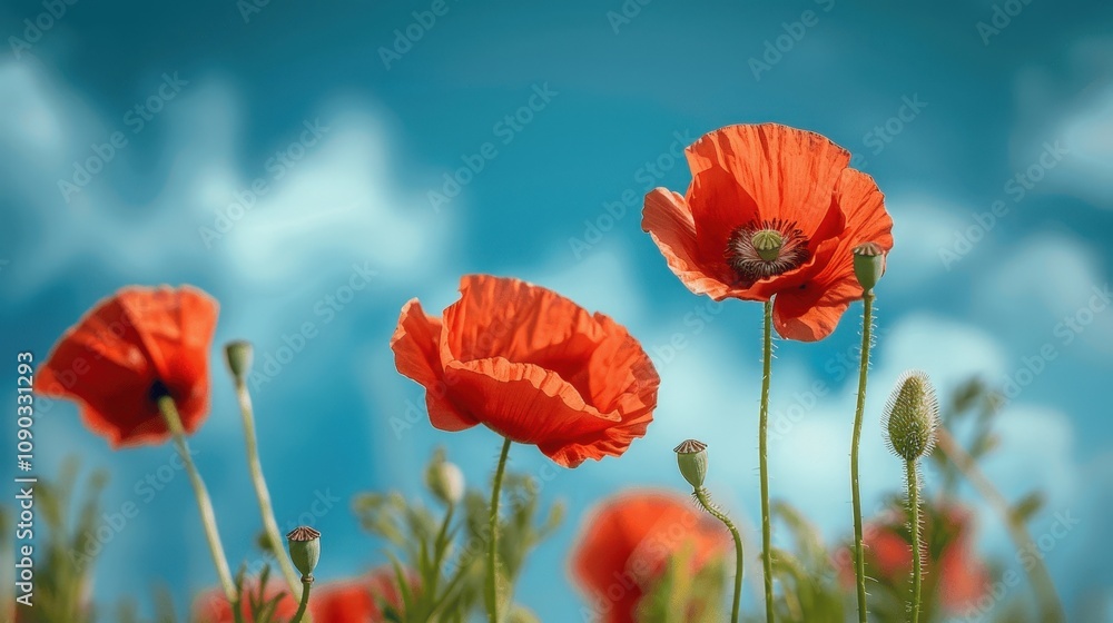 Naklejka premium Vivid Poppies Against Blue Sky Background