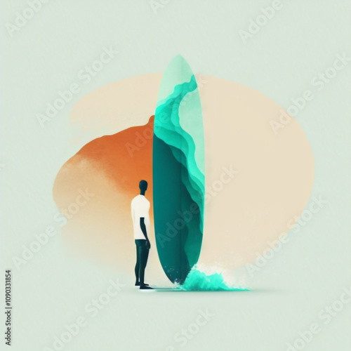 A man stands next to a surfboard, looking out to the ocean