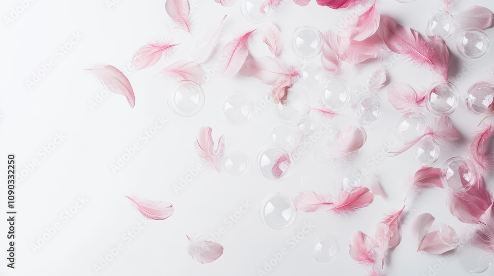 Fototapeta premium Delicate Feathers and Bubbles on Soft Background