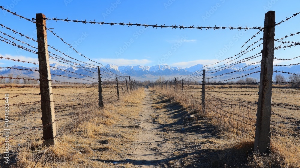Fototapeta premium Barbed Wire Fence with Mountain View