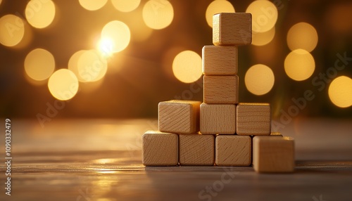 Wooden blocks stacked in a pyramid against a background of warm, glowing bokeh lights, symbolizing creativity and balance. photo