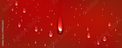 Red water droplet background. Cola drop texture on glass. Wet dew pattern on surface. Summer strawberry or cherry liquid splash for 3d bottle realistic wallpaper. Raspberry juice bubble bg design