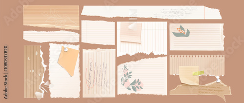 Ripped notepad sheets with delicate floral decorations, lined pattern, adhesive tape pieces and pushpins. Various torn ruled paper scraps and notebook fragments with leaf and botanical elements.