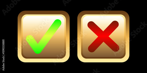 Glossy check mark and cross symbol on gold button