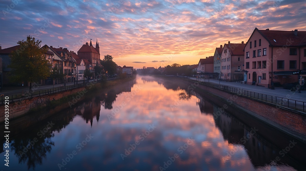 Fototapeta premium Brda river glowing sunrise near old town picture