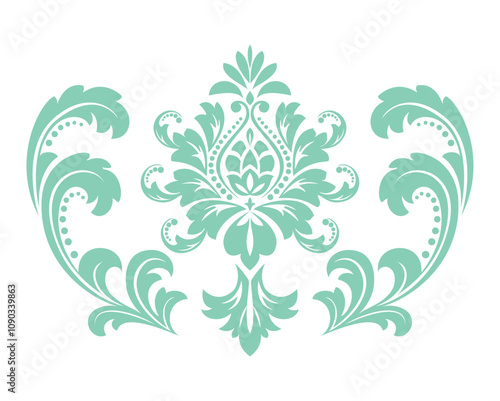 Damask graphic ornament. Floral design element. Green and white vector pattern