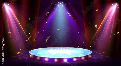 Illuminated circular platform with glowing lights underneath. Spotlight beams and golden confetti scattered around stage with light bulbs for casino winner and gaming presentation and performance.