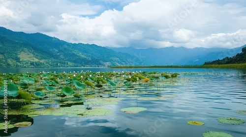 Serene Lake with Beautiful Lotus Flowers, Capturing Tranquil Reflections and Natural Beauty photo