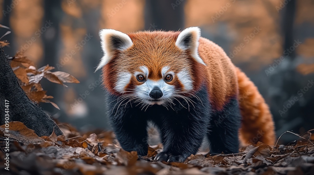Fototapeta premium a red panda in its natural habitat, walking through an autumn forest. The warm orange tones and fallen leaves complement the red panda's vibrant fur, creating a tranquil wildlife scene. 