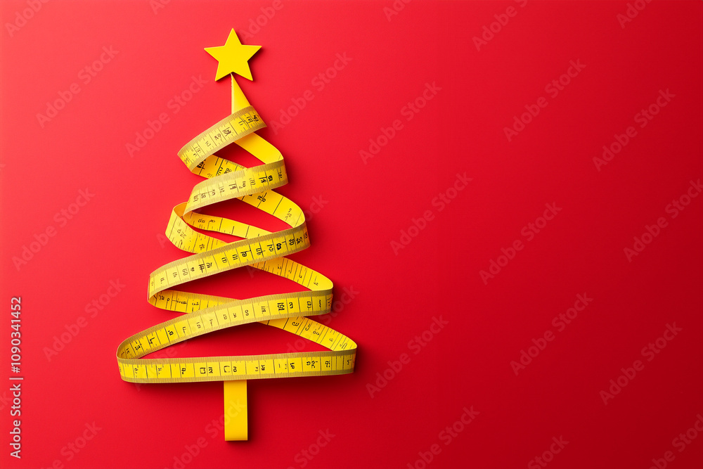 A whimsical Christmas tree crafted from a yellow measuring tape coiled in a festive shape, topped with a star. Set against a vibrant red background, banner/web/design/wallpaper/flyer A whimsical Christmas tree crafted from a yellow measuring tape coiled in a festive shape, topped with a star. Set against a vibrant red background, banner/web/design/wallpaper/flyer
