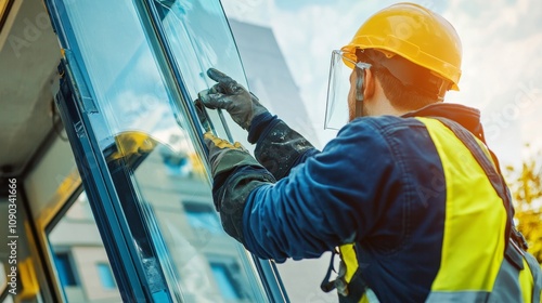A detailed view of a window installer in safety gear, fitting a large glass pane into a frame with a building exterior in the background, Window installation scene