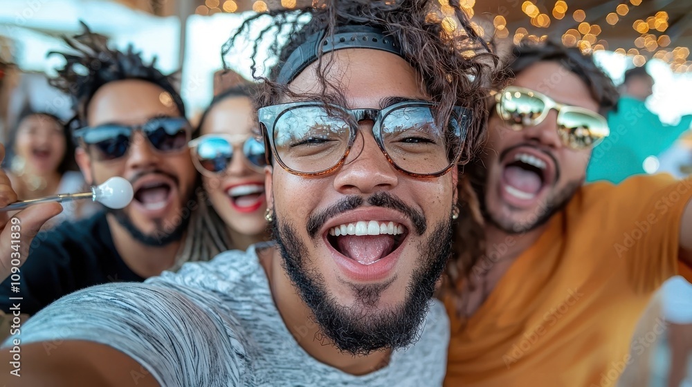 Obraz premium A lively multiracial group of young friends gathered celebrating and expressing their joy and camaraderie together The image captures the vibrant festive atmosphere of their joyful social gathering
