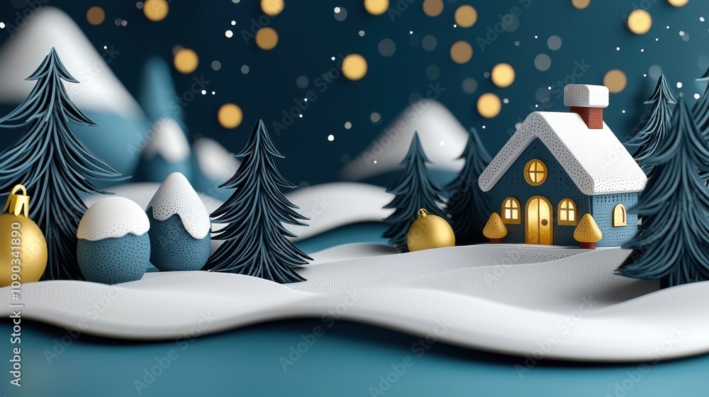 Fototapeta premium Charming snow covered cottage nestled in a winter wonderland landscape with a glowing Christmas tree twinkling fairy lights and a peaceful serene atmosphere Cozy and inviting rural holiday scene