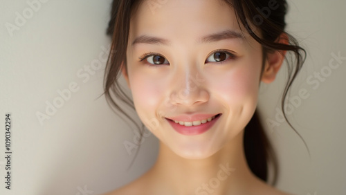 Portrait of a smiling Asian woman. Concept of beauty, happiness, and youth.