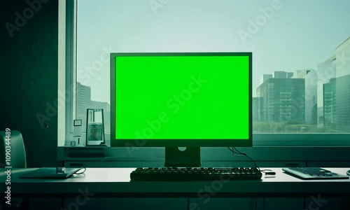 Empty office and computer monitor with green sreen on the table. Generative AI photo