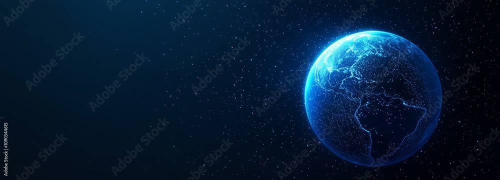 Obraz premium Abstract global network concept with a planet Earth made of glowing particles and lines on a dark blue background 