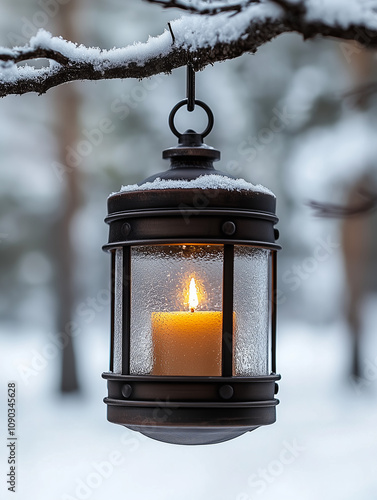 Vintage Lantern with Flickering Candle in Snowy Forest