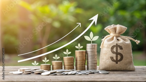 Compound Interest A visual of a pile of money increasing in size with arrows indicating the effect of compound interest on Roth IRA investments.