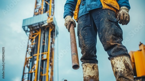 A drilling rig worker in heavy-duty gear and helmet, standing next to a towering drilling rig with muddy boots and a drilling pipe in hand, Oil field scene photo