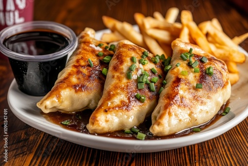  Empanadillas doradas servidas con cebollino fresco, salsa oscura y papas fritas en un plato blanco.
 photo