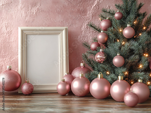 A minimalist holiday scene with a blank frame, pink ornaments, and a festive evergreen tree, perfect for Christmas cards, invitations, or personalized decor. photo