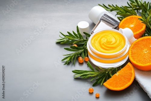  Un tarro de crema amarilla decorado con rodajas de naranja y hojas verdes, sobre una superficie gris minimalista.
 photo