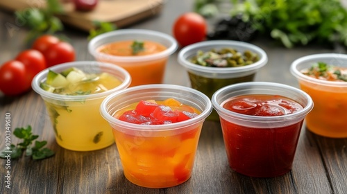 Assorted Colorful Dips in Clear Cups photo