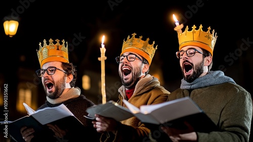  Tres hombres cantando al aire libre por la noche, usando coronas doradas y sosteniendo velas y partituras. Representa la celebración del Día de los Reyes Magos.
