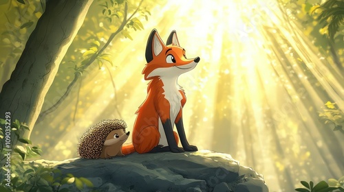 A cartoon fox sitting on a rock under the bright sunlight, with a small hedgehog beside both looking curiously into the distance as light filters through the trees. photo