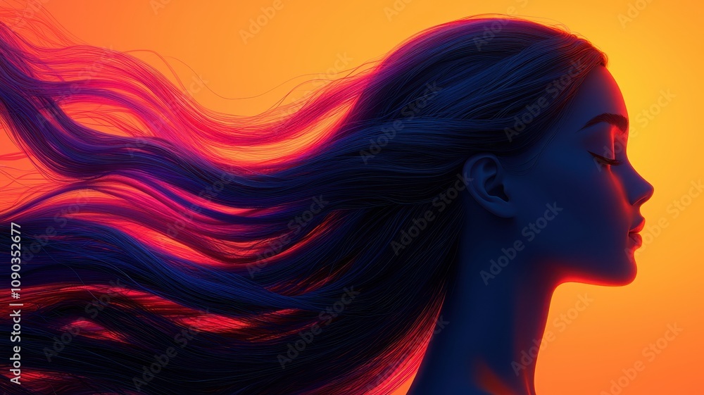 A silhouette of a woman with flowing hair against a vibrant sunset, showcasing colors reminiscent of twilight and the tranquility of nature. A silhouette of a woman with flowing hair against a vibrant sunset, showcasing colors reminiscent of twilight and the tranquility of nature.