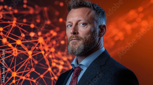 Professional portrait of a business leader against a digital network background corporate environment modern concept