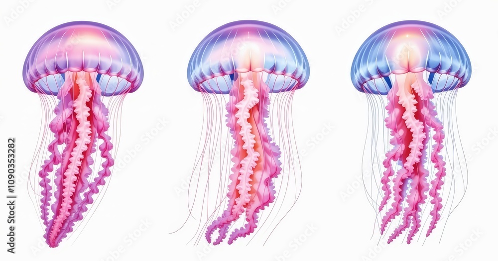 Fototapeta premium Three Vibrantly Colored Jellyfish in Motion Displaying Graceful Ocean Elegance