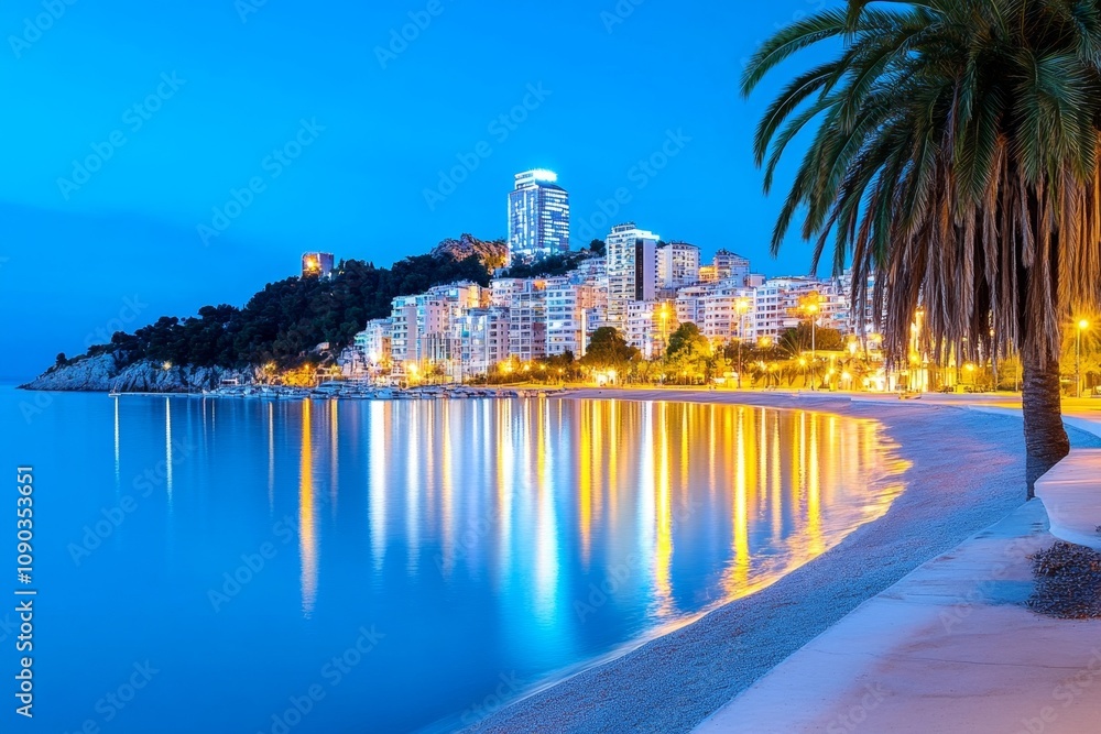Naklejka premium Ajaccio transformed into a cyberpunk city, with neon lights reflecting off the harbor and futuristic towers overlooking the Mediterranean