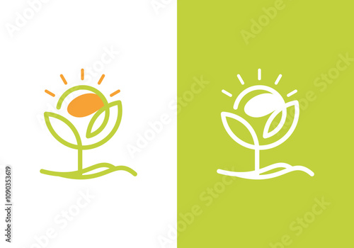 landscape logo with sun and green leaves. creative farm symbol vector design with green leaves and sun rays in tree with line design style