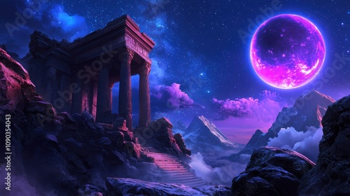 Epic cosmic landscape featuring ancient ruins under a vibrant purple moon fantasy scene digital art night sky surrealism
