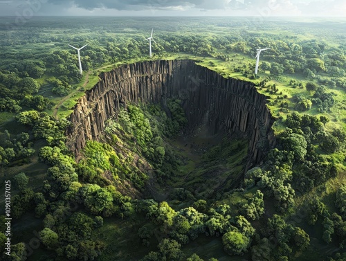 Nature's resilience a thriving forest overcoming a forgotten coal mine eco-friendly energy transition aerial view rejuvenating landscape photo