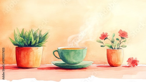 Wallpaper Mural Chinese tea ritual New Year celebrates tradition with a steaming cup of tea, surrounded by vibrant plants, symbolizing renewal and harmony Torontodigital.ca