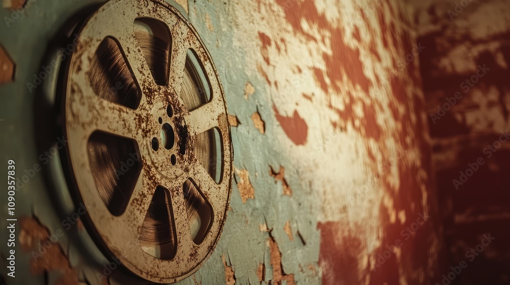 Obraz premium Vintage Film Reel on Rustic Wall, Exploring the Beauty of Decay in Cinema, Capturing Nostalgia from a Bygone Era of Movie Magic and Storytelling