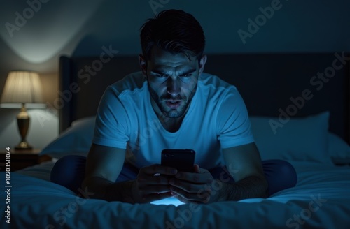 Man sitting on a bed at night, illuminated by the blue light of his smartphone, appearing stressed and unable to disconnect, struggling with late-night screen time