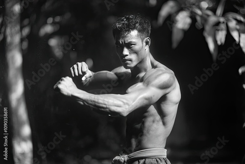 A Muscular Man Posing in a Forest Setting photo