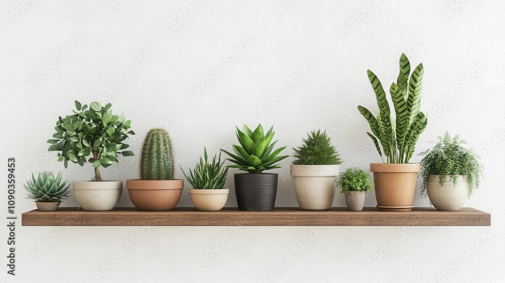 Fototapeta premium Modern Home Decor Shelf with Potted Plants Indoor Greenery White Wall