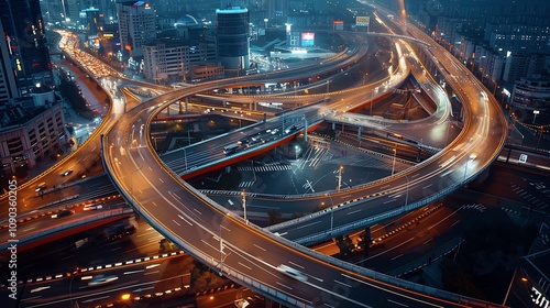 A busy intersection leading to a sleek bridge connecting city districts