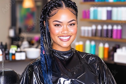 A creative African American hairstylist braiding intricate patterns in a client hair at a trendy salon