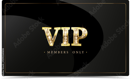 For premium persons, a VIP card vertical invitation with gold text in diamonds and brilliants on a black background with a gold frame. Vector illustration.