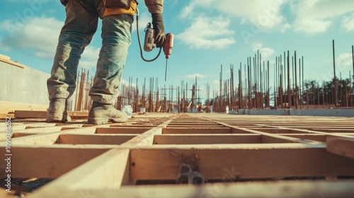 Wallpaper Mural A focused shot of a carpenter using a nail gun to assemble wooden formwork for a building foundation, Formwork carpentry scene, Skilled and meticulous style Torontodigital.ca