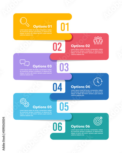 Vertical infographic with colorful labels, 6 steps to success. Business presentation, Report, Data, Banner, Milestones and Plan. Vector illustration.