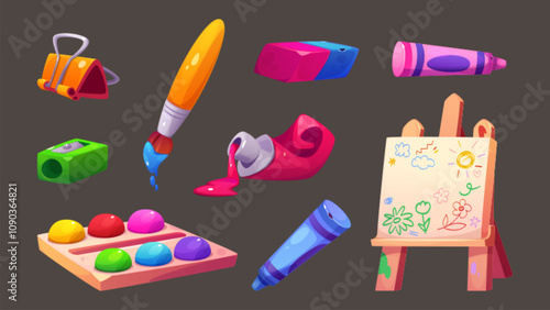 Drawing supplies for creative activities - easel with child crayon artwork, paint palette, brush, sharpener, eraser and marker. Artistic tools for kindergarten education and childhood development.